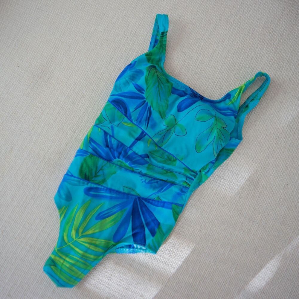 Vintage Y2K Blue Green Floral Tropical Plant Print One Piece Women's Swim Suit
